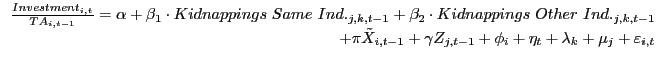 {\begin{array}{*{20}c} \hfill {\frac{Investment_{i,t} }{TA_{i,t-1} }=\alpha +\beta _1 \cdot Kidnappings\mbox{ }Same\mbox{ }Ind._{j,k,t-1} +\beta _2 \cdot Kidnappings\mbox{ }Other\mbox{ }Ind._{j,k,t-1} } \ \hfill {+\pi \tilde {X}_{i,t-1} +\gamma Z_{j,t-1} +\phi _i +\eta _t +\lambda _k +\mu _j +\varepsilon _{i,t} } \ \end{array} }