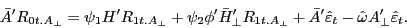 \begin{displaymath} {\bar {A}}'R_{0t.A_\bot } =\psi _1 {H}'R_{1t.A_\bot } +\psi _2 {\phi }'{\bar {H}}'_\bot R_{1t.A_\bot } +{\bar {A}}'\hat {\varepsilon }_t -\hat {\omega }{A}'_\bot \hat {\varepsilon }_t . \end{displaymath}