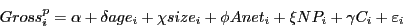 \begin{displaymath} Gross_i^p =\alpha +\delta age_i +\chi size_i +\phi Anet_i +\xi NP_i +\gamma C_i +\varepsilon _i \end{displaymath}
