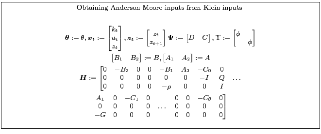 \fbox{\parbox{0.9\textwidth}{\small \centerline{Obtaining Anderson-Moore inputs ... ...&0&0&0&\dots&0&0&0&0\ -G&0&0&0&&0&0&0&0 \end{matrix}\right ] \end{gather*} }}