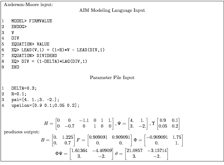  $\fbox{
\begin{minipage}{\textwidth}
\par
Anderson-Moore input:
\par
\centerline{AIM Modeling Language Input}
\listinginput{1}{firmValue.tex}
\par
\centerline{Parameter File Input}
\listinginput{1}{setParams.tex}
\par
\begin{gather*}
H=
\begin{bmatrix}
0 &0 &-1.1 &0 &1 &1.\\
 0 &-0.7 &0 &1 &0 &0
\end{bmatrix},
\Psi=
\begin{bmatrix}
 4. &1.\\
 3. &-2.
\end{bmatrix},
\Upsilon
\begin{bmatrix}
 0.9 &0.1\\
 0.05 &0.2
\end{bmatrix}
\end{gather*}
produces output:
\begin{gather*}
B=
\begin{bmatrix}
 0. &1.225\\
 0. &0.7
\end{bmatrix}
F=
\begin{bmatrix}
 0.909091 &0.909091\\
 0. &0.
\end{bmatrix}
\Phi=
\begin{bmatrix}
 -0.909091 &1.75\\
 0. &1.
\end{bmatrix}\\
\Phi \Psi=\begin{bmatrix}%{\bf RawData}
 1.61364 &-4.40909\\
 3. &-2.
\end{bmatrix}
\vartheta=
\begin{bmatrix}
 21.0857 &-3.15714\\
 3. &-2.
\end{bmatrix}
\end{gather*}
\end{minipage}
}$