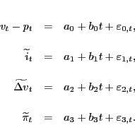 \begin{eqnarray*} v_{t}-p_{t} &=& a_{0}+b_{0}t+\varepsilon_{0,t},\ \widetilde{i}_{t} &=& a_{1}+b_{1}t+\varepsilon_{1,t},\ \widetilde{\Delta v}_{t} &=& a_{2}+b_{2}t+\varepsilon_{2,t},\ \widetilde{\pi}_{t} &=& a_{3}+b_{3}t+\varepsilon_{3,t}. \end{eqnarray*}