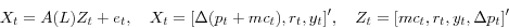 \begin{displaymath} X_t & = & A(L)Z_t +e_t ,\quad X_t =[\Delta (p_t +mc_t ),r_t ,y_t ]',\quad Z_t =[mc_t ,r_t ,y_t ,\Delta p_t ]' \end{displaymath}