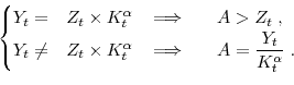 \begin{displaymath}\begin{cases}Y_t =& Z_t \times K_t^\alpha \;\;\; \Longrightarrow \;\;\;\;\;\; A > Z_t \; ,\\ Y_t \ne & Z_t \times K_t^\alpha \;\;\; \Longrightarrow \;\;\;\;\;\; A = \displaystyle\frac{Y_t}{K_t^\alpha} \; . \end{cases}\end{displaymath}