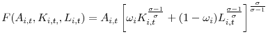 \displaystyle F(A_{i,t},K_{i,t,},L_{i,t})=A_{i,t}\left[ \omega_{i}K_{i,t}^{\frac{\sigma -1}{\sigma}}+(1-\omega_{i})L_{i,t}^{\frac{\sigma-1}{\sigma}}\right] ^{\frac{\sigma}{\sigma-1}} 