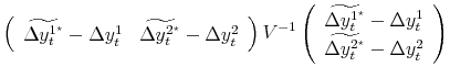 \displaystyle \left(\begin{array}{cc} \widetilde{\Delta y_t^{1^\star}}-\Delta y_t^1 & \widetilde{\Delta y_t^{2^\star}}-\Delta y_t^2 \end{array} \right) V^{-1} \left(\begin{array}{c} \widetilde{\Delta y_t^{1^\star}}-\Delta y_t^1 \\ \widetilde{\Delta y_t^{2^\star}}-\Delta y_t^2 \end{array} \right)