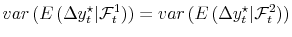  var\left(E\left(\Delta y_t^\star \vert \mathcal{F}_t^1 \right)\right) = var\left(E\left(\Delta y_t^\star \vert \mathcal{F}_t^2 \right)\right)