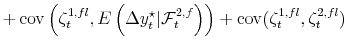 \displaystyle + \operatorname{cov}\left( \zeta_{t}^{1,fl},E\left( \Delta y_{t}^{\star}\vert \mathcal{F}_{t}^{2,f} \right) \right) + \operatorname{cov}(\zeta_{t}% ^{1,fl},\zeta_{t}^{2,fl})