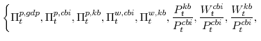 \displaystyle \left\{\Pi^{p,gdp}_{t}, \Pi^{p,cbi}_{t},\Pi^{p,kb}_{t}, \Pi^{w,cbi}_{t},\Pi^{w,kb}_{t}, \frac{P^{kb}_{t}}{P^{cbi}_{t}}, \frac{W^{cbi}_{t}}{P^{cbi}_{t}},\frac{W^{kb}_{t}}{P^{cbi}_{t}}, \right.