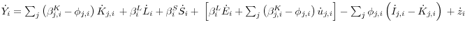 \dot {Y}_i = \sum\nolimits_j {\left( {\beta _{j,i}^K -\phi _{j,i} } \right)\dot {K}_{j,i} } {\kern 1pt}{\kern 1pt} +\beta _i^L \dot {L}_i +\beta _i^S \dot {S}_i + {\kern 1pt}\left[ {\beta _i^L \dot {E}_i +\sum\nolimits_j {\left( {\beta _{j,i}^K -\phi _{j,i} } \right)\dot {u}_{j,i} } } \right] -\sum\nolimits_j {\phi _{j,i} \left( {\dot {I}_{j,i} -\dot {K}_{j,i} } \right)} {\kern 1pt}{\kern 1pt}+ \dot {z}_i {\kern 1pt}