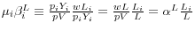 \mu _i \beta _i^L \equiv \frac{p_i Y_i }{pV}\frac{wL_i }{p_i Y_i }=\frac{wL}{pV}\frac{L_i }{L}=\alpha ^L\frac{L_i }{L}