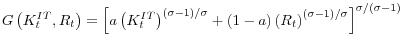 G\left( {K_t^{IT} ,R_t } \right)=\left[ {a\left( {K_t^{IT} } \right)^{{(\sigma -1)} \mathord{\left/ {\vphantom {{(\sigma -1)} \sigma }} \right. \kern-\nulldelimiterspace} \sigma }+\left( {1-a} \right)\left( {R_t } \right)^{{(\sigma -1)} \mathord{\left/ {\vphantom {{(\sigma -1)} \sigma }} \right. \kern-\nulldelimiterspace} \sigma }} \right]^{\sigma \mathord{\left/ {\vphantom {\sigma {(\sigma -1)}}} \right. \kern-\nulldelimiterspace} {(\sigma -1)}}