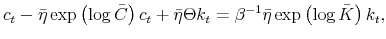\displaystyle c_{t}-\bar{\eta}\exp\left( \log\bar{C}\right) c_{t}+\bar{\eta}\Theta k_{t}=\beta^{-1}\bar{\eta}\exp\left( \log\bar{K}\right) k_{t}, 