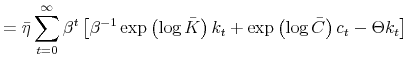 \displaystyle =\bar{\eta}\sum_{t=0}^{\infty}\beta^{t}\left[ \beta^{-1}\exp\left( \log\bar{K}\right) k_{t}+\exp\left( \log\bar{C}\right) c_{t}-\Theta k_{t}\right]