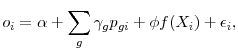 \displaystyle o_i = \alpha + \sum_g \gamma_g p_{gi} + \phi f(X_i) + \epsilon_i,
