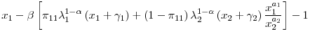\displaystyle x_{1}-\beta\left[ \pi_{11}\lambda_{1}^{1-\alpha}\left( x_{1}+\gamma _{1}\right) +\left( 1-\pi_{11}\right) \lambda_{2}^{1-\alpha}\left( x_{2}+\gamma_{2}\right) \frac{x_{1}^{a_{1}}}{x_{2}^{a_{2}}}\right] -1