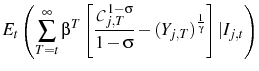 \displaystyle E_{t}\left(\sum_{T=t}^{\infty}\beta^{T}\left[\frac{\mathcal{C}_{j,T}^{1-\sigma}}{1-\sigma}-(Y_{j,T})^{\frac{1}{\gamma}}\right]\vert I_{j,t}\right)