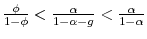 \frac{\phi }{1-\phi }<\frac{\alpha }{1-\alpha -g}<\frac{\alpha }{1-\alpha}