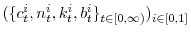  % (\{c_{t}^{i},n_{t}^{i},k_{t}^{i},b_{t}^{i}\}_{t\in[0,\infty)})_ {i\in [0,1]}
