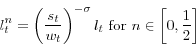 \begin{displaymath} l_t^n =\left( {\frac{s_t }{w_t }} \right)^{-\sigma }l_t \mbox{ for }n\in \left[ {0,\frac{1}{2}} \right] \end{displaymath}