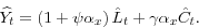 \begin{displaymath} \widehat{Y_t }=\left( {1+\psi \alpha _x } \right)\hat {L}_t +\gamma \alpha _x \hat {C}_t . \end{displaymath}