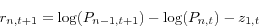 \begin{displaymath} r_{n,t+1} =\log (P_{n-1,t+1} )-\log (P_{n,t} )-z_{1,t} \end{displaymath}