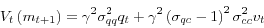 \begin{displaymath} V_{t}\left( m_{t+1}\right) =\gamma^{2}\sigma_{qq}^{2}q_{t}+\gamma^{2}\left( \sigma_{qc}-1\right) ^{2}\sigma_{cc}^{2}v_{t}\nonumber \end{displaymath}