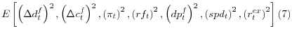 \displaystyle E\left[ \left( \Delta d_{t}^{f}\right) ^{2},\left( \Delta c_{t}% ^{f}\right) ^{2},\left( \pi_{t}\right) ^{2},\left( rf_{t}\right) ^{2},\left( dp_{t}^{f}\right) ^{2},\left( spd_{t}\right) ^{2},\left( r_{t}^{ex}\right) ^{2}\right] \left( 7\right)