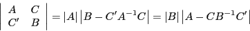 \begin{displaymath} \left\vert {{\begin{array}{*{20}c} A \hfill & C \hfill \ {{C}'} \hfill & B \hfill \ \end{array} }} \right\vert=\left\vert A \right\vert\left\vert {B-{C}'A^{-1}C} \right\vert=\left\vert B \right\vert\left\vert {A-CB^{-1}{C}'} \right\vert \end{displaymath}