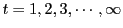  t=1, 2, 3, \cdots, \infty