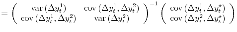 \displaystyle = \left( \begin{array}[c]{cc}% \operatorname{var}\left( \Delta y_{t}^{1}\right) & \operatorname{cov}\left( \Delta y_{t}^{1},\Delta y_{t}^{2}\right) \ \operatorname{cov}\left( \Delta y_{t}^{1},\Delta y_{t}^{2}\right) & \operatorname{var}\left( \Delta y_{t}^{2}\right) \end{array} \right) ^{-1} \left( \begin{array}[c]{c}% \operatorname{cov}\left( \Delta y_{t}^{1},\Delta y_{t}^{\star}\right) \ \operatorname{cov}\left( \Delta y_{t}^{2},\Delta y_{t}^{\star}\right) \end{array} \right)