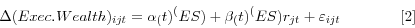 \begin{displaymath} \Delta (Exec._{ }Wealth)_{{ijt} }=\alpha _(t)^({ES} )+\beta _(t)^({ES} )r_{{jt} }+\varepsilon _{{ijt} } {\begin{array}{*{20}c} \hfill & \hfill & \hfill & \hfill \ \end{array} } [2] \end{displaymath}