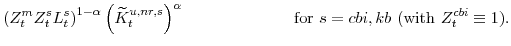 \displaystyle \left(Z^{m}_{t}Z^{s}_{t}L^{s}_{t}\right)^{1-\alpha} \left(\widetilde{K}^{u,nr,s}_{t}\right)^{\alpha} \mathrm{for} s=cbi,kb (\mathrm{with} Z^{cbi}_{t}\equiv 1).