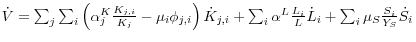 \dot {V} = \sum\nolimits_j {\sum\nolimits_i {\left( {\alpha _j^K \frac{K_{j,i} }{K_j }-\mu _i \phi _{j,i} } \right)\dot {K}_{j,i} } } + \sum\nolimits_i {\alpha ^L\frac{L_i }{L}\dot {L}_i } + \sum\nolimits_i {\mu _S \frac{S_i }{Y_S }\dot {S}_i } {\kern 1pt} 