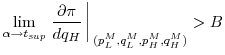  \displaystyle\lim_{\alpha\to t_{sup}} \left.\frac{\partial\pi}{dq_H}\right\arrowvert_{(p_L^M,q_L^M,p_H^M,q_H^M)} > B