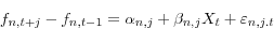 \begin{displaymath} f_{n,t+j} -f_{n,t-1} =\alpha _{n,j} +\beta _{n,j} X_t +\varepsilon _{n,j.t} \end{displaymath}