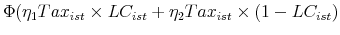 \displaystyle \Phi(\eta_1 Tax_{ist}\times LC_{ist} + \eta_2 Tax_{ist}\times (1-LC_{ist})