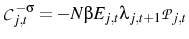 \displaystyle \mathcal{C}_{j,t}^{-\sigma}=-N\beta E_{j,t}\lambda_{j,t+1}\mathcal{P}_{j,t} 