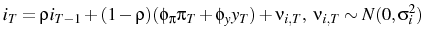 \displaystyle i_{T}=\rho i_{T-1} + (1-\rho)(\phi_{\pi}\pi_{T}+\phi_{y}y_{T})+\nu_{i,T},\ \nu_{i,T}\sim N(0,\sigma_{i}^{2})