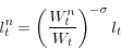 \begin{displaymath} l_t^n =\left( {\frac{W_t^n }{W_t }} \right)^{-\sigma }l_t \end{displaymath}