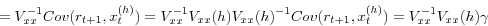 \begin{displaymath} =V_{xx}^{-1} Cov(r_{t+1} ,x_t^{(h)} )=V_{xx}^{-1} V_{xx} (h)V_{xx} (h)^{-1}Cov(r_{t+1} ,x_t^{(h)} )=V_{xx}^{-1} V_{xx} (h)\gamma \end{displaymath}