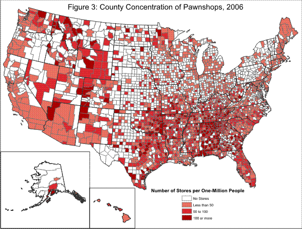 Figure 3: County Concentration of Pawnshops, 2006 is a map of the 50 states with geographic distributions for number of pawnshops per one-million people. The state's counties have varying distributions across the following categories: no stores, less than 50, 50 to 100, and 100 or more. The highest concentrations are in the West South Central, East South Central, South Atlantic, Pacific, and Mountain regions.
