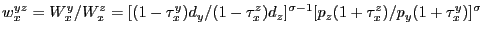 $\displaystyle w_{x}^{yz} =W_{x}^{y} /W_{x}^{z} =[(1-\tau_{x}^{y} )d_{y} /(1-\ta... ... )d_{z} ]^{\sigma-1}[p_{z} (1+\tau_{x}^{z} )/p_{y} (1+\tau_{x}^{y} )]^{\sigma} $