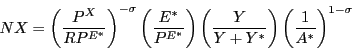 \begin{displaymath} \begin{array}
[c]{l}
(23)\,\,N\,X\,\,=\,\,\left(  {\frac{P^{X}}{R\,P^{E\ast}}} \right) ^{-\sigma
}\left(  {\frac{E\ast}{P^{E\ast}}} \right) \,\,\left(  {\frac{1}{\alpha\ast}}
\right) ^{1-\sigma\ast}\\\end{array}\end{displaymath}