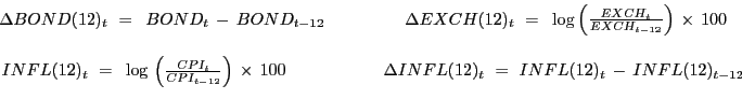\begin{displaymath} \begin{array}[c]{l} \Delta BOND(12)_{t} \,\,=\,\,\,BOND_{t} \,-\,BOND_{t-12} \,\,\,\,\,\,\,\,\,\,\,\,\,\,\,\,\,\,\,\,\,\,\,\,\,\,\,\,\Delta EXCH(12)_{t} \,\,=\,\,\,\log\left( {\frac{EXCH_{t} }{EXCH_{t-12} }} \right) \,\times \,100\ \,\,\,\ \,INFL(12)_{t} \,\,=\,\,\,\log\,\left( {\frac{CPI_{t} }{CPI_{t-12} }} \right) \,\times \,100\,\,\,\,\,\,\,\,\,\,\,\,\,\,\,\,\,\,\,\,\,\,\,\,\,\,\,\,\,\,\,\,\,\,\Delta INFL(12)_{t} \,\,=\,\,INFL(12)_{t} \,-\,INFL(12)_{t-12}\ \end{array}\end{displaymath}