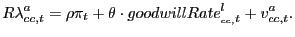 $\displaystyle R\lambda_{cc,t}^{a}=\rho\pi_{t}+\theta\cdot goodwillRate_{_{cc,}t} ^{l}+v_{cc,t}^{a}. $
