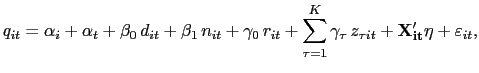 $\displaystyle q_{it}= \alpha_i + \alpha_t + \beta_0 \, d_{it} + \beta_1 \, n_{it} + \gamma_0 \, r_{it} + \sum_{\tau=1}^{K}\gamma_{\tau} \, z_{\tau it} + \mathbf{ X_{it}'\eta} + \varepsilon_{it},$