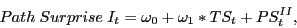 \begin{displaymath} Path\;Surprise\;I_t =\omega _0 +\omega _1 \ast TS_t +PS_t^{II} , \end{displaymath}