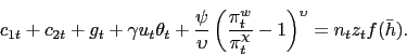 \begin{displaymath} c_{1t} + c_{2t} + g_t + \gamma u_t \theta_t + \frac{\psi}{\upsilon}\left(\frac{\pi^w_t}{\pi_t^{\chi}} - 1\right)^{\upsilon} = n_t z_t f(\bar{h}). \end{displaymath}