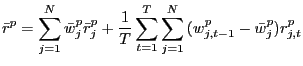 $\displaystyle \bar{r}^{p}=\sum\limits_{j=1}^{N} {\bar{w}_{j}^{p} \bar{r}_{j}^{p} } +\frac{1}{T}\sum\limits_{t=1}^{T} \sum\limits_{j=1}^{N} {(w_{j,t-1}^{p} -\bar{w}_{j}^{p} )r_{j,t}^{p} }$